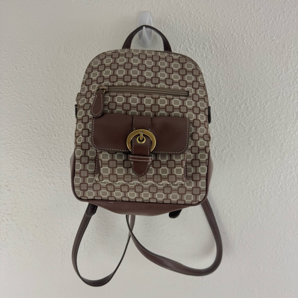 NINE WEST Vintage Y2K Brown Creme Canvas Faux Leather Geometric Mini Backpack